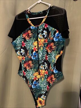 New- never worn. Tropical Floral One-Piece Swimsuit - Black/Multi UPF 50